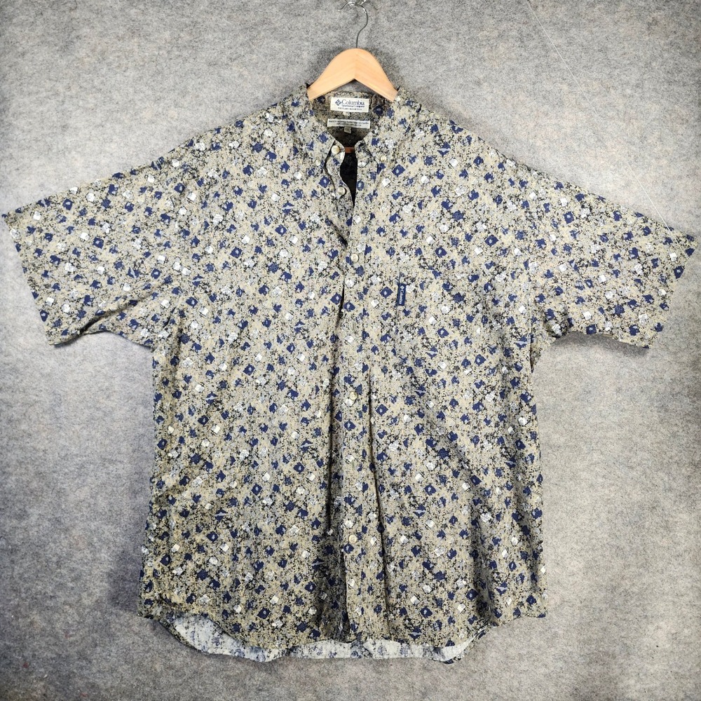 Columbia Button Down Shirt Mens XXL Tan Blue Abstract Geometric Vintage Relaxed‎